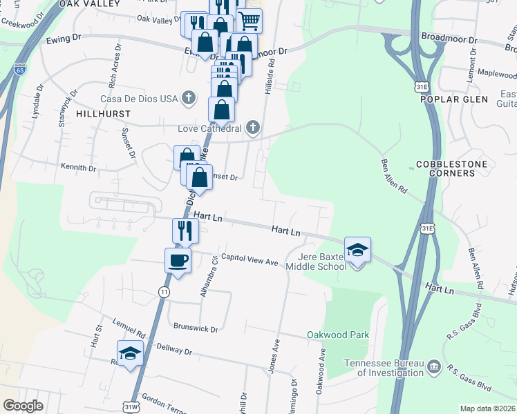 map of restaurants, bars, coffee shops, grocery stores, and more near 3205 Conviser Drive in Nashville