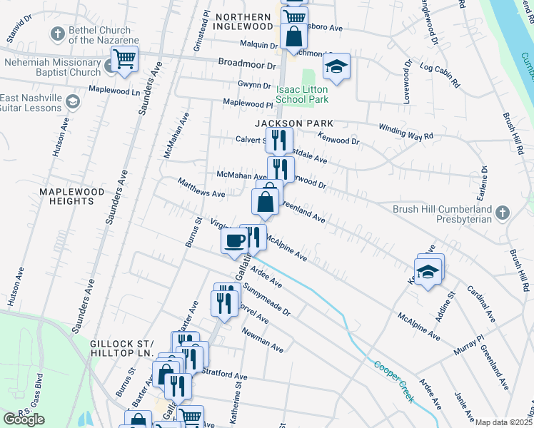 map of restaurants, bars, coffee shops, grocery stores, and more near 4110B Gallatin Pike in Nashville