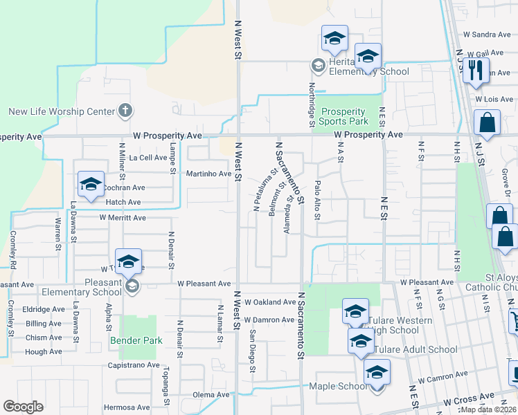 map of restaurants, bars, coffee shops, grocery stores, and more near 1036 North Petaluma Street in Tulare