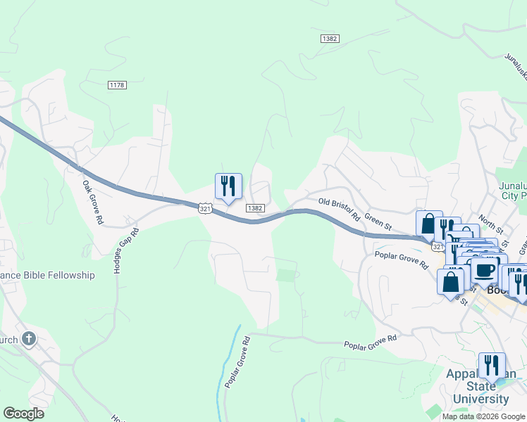 map of restaurants, bars, coffee shops, grocery stores, and more near 194 Pinnacle Drive in Blowing Rock