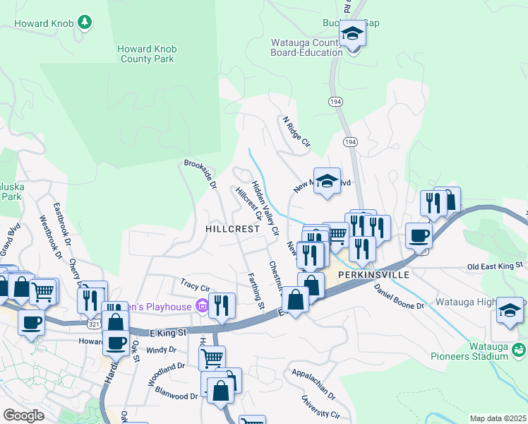 map of restaurants, bars, coffee shops, grocery stores, and more near 247 Hidden Valley Circle in Boone