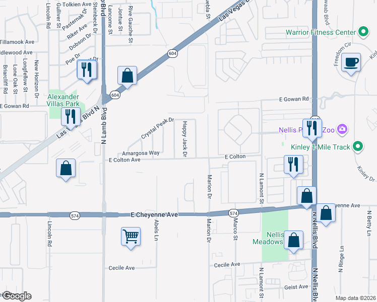 map of restaurants, bars, coffee shops, grocery stores, and more near 3411 Cactus Springs Drive in Las Vegas