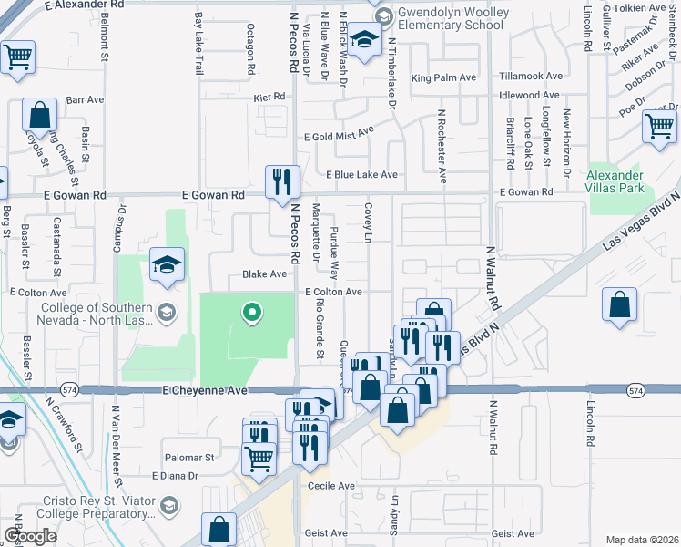 map of restaurants, bars, coffee shops, grocery stores, and more near 3430 Purdue Way in Las Vegas