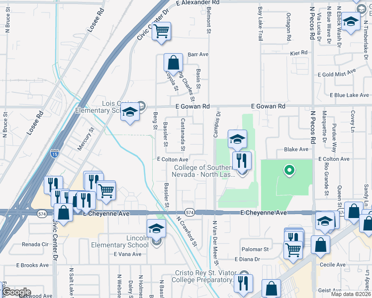 map of restaurants, bars, coffee shops, grocery stores, and more near 2810 Albata Street in North Las Vegas