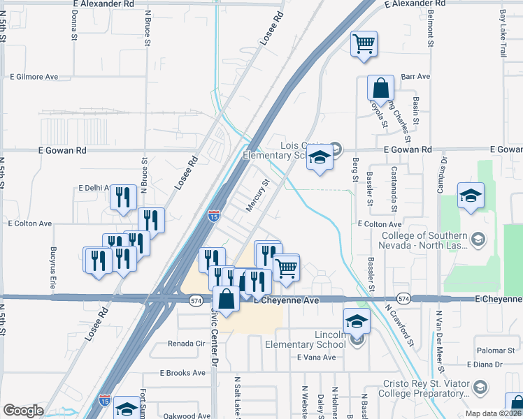 map of restaurants, bars, coffee shops, grocery stores, and more near 2300 Seco Adobe Circle in North Las Vegas