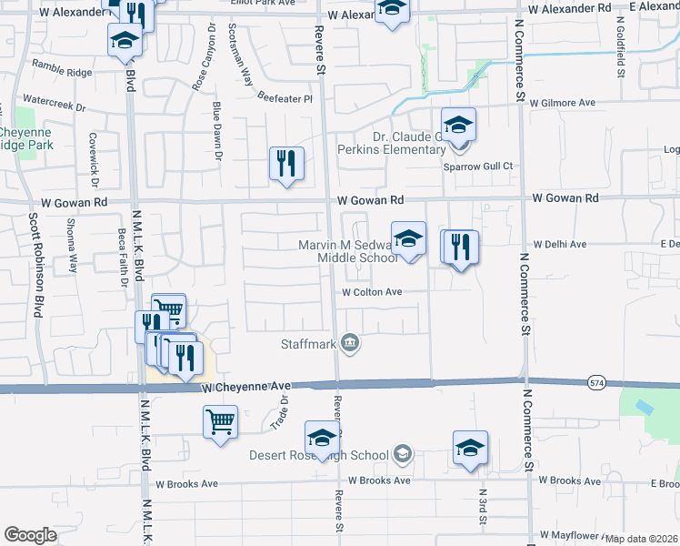 map of restaurants, bars, coffee shops, grocery stores, and more near 3417 Quiet Pueblo Street in North Las Vegas
