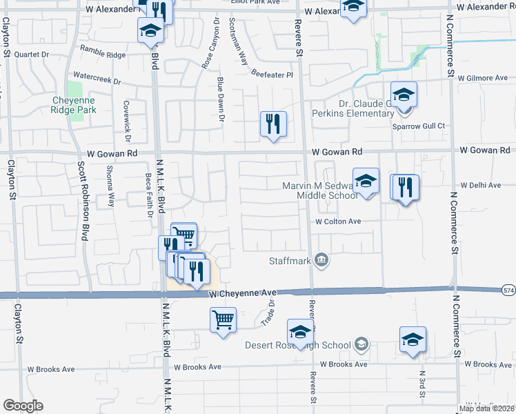 map of restaurants, bars, coffee shops, grocery stores, and more near 917 Mandolin Way in North Las Vegas