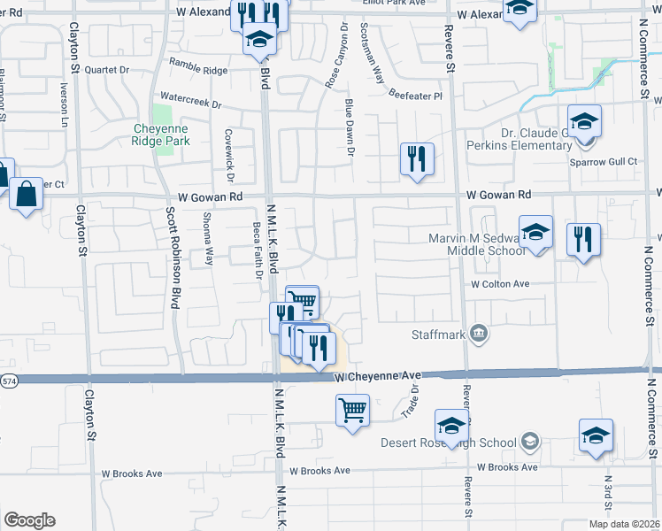 map of restaurants, bars, coffee shops, grocery stores, and more near 1133 Basin Brook Drive in North Las Vegas