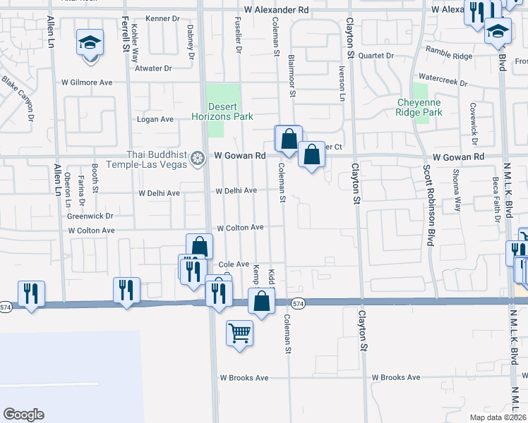 map of restaurants, bars, coffee shops, grocery stores, and more near 3422 Kidd Street in North Las Vegas