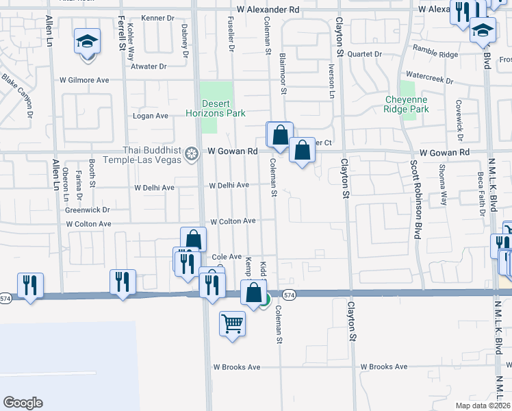 map of restaurants, bars, coffee shops, grocery stores, and more near 3422 Kidd Street in North Las Vegas