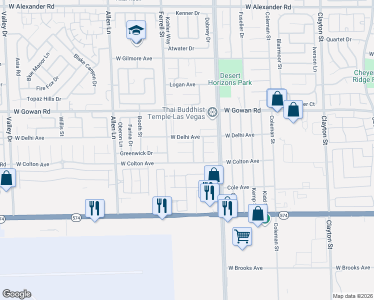 map of restaurants, bars, coffee shops, grocery stores, and more near 3106 Emeritus Circle in North Las Vegas