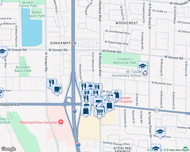 map of restaurants, bars, coffee shops, grocery stores, and more near 6801 West Neepawa Circle in Las Vegas