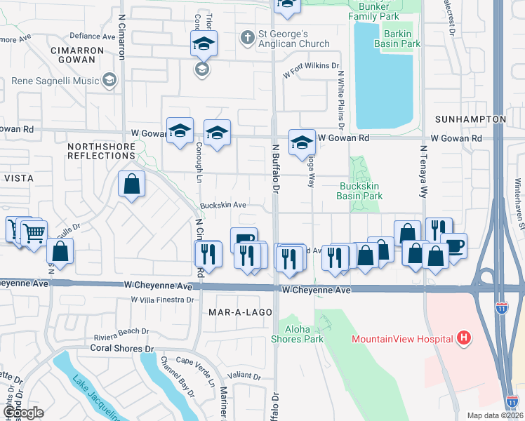 map of restaurants, bars, coffee shops, grocery stores, and more near 7609 Buckskin Avenue in Las Vegas