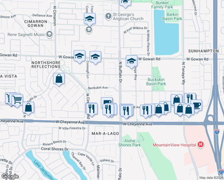 map of restaurants, bars, coffee shops, grocery stores, and more near 7609 Buckskin Avenue in Las Vegas