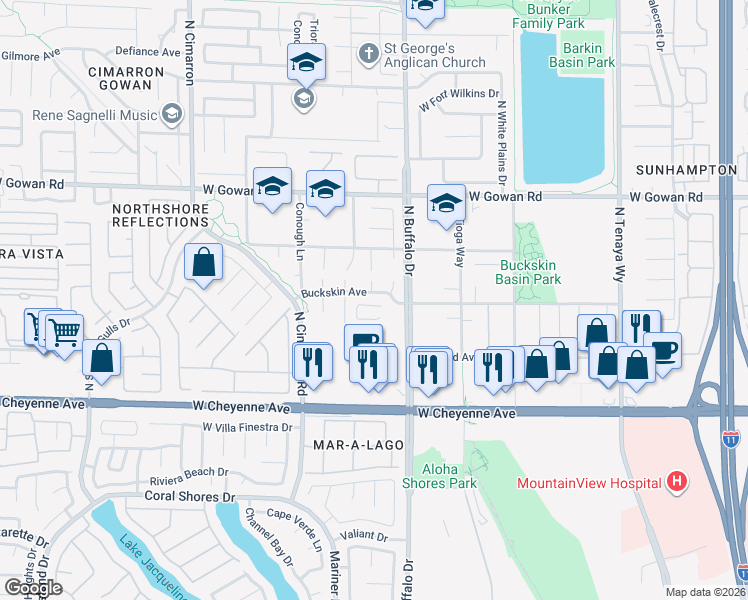 map of restaurants, bars, coffee shops, grocery stores, and more near 7609 Buckskin Avenue in Las Vegas
