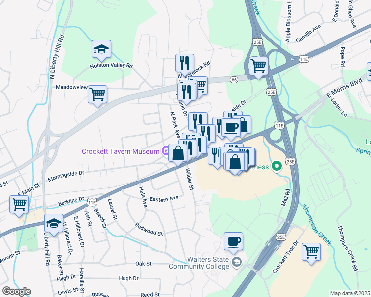 map of restaurants, bars, coffee shops, grocery stores, and more near 2126 Morningside Drive in Morristown