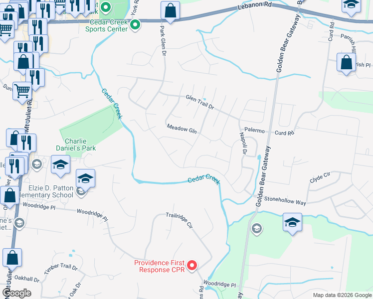 map of restaurants, bars, coffee shops, grocery stores, and more near 6019 Tivoli Trail in Mt. Juliet