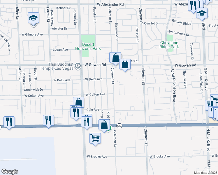 map of restaurants, bars, coffee shops, grocery stores, and more near 3422 Kidd Street in North Las Vegas