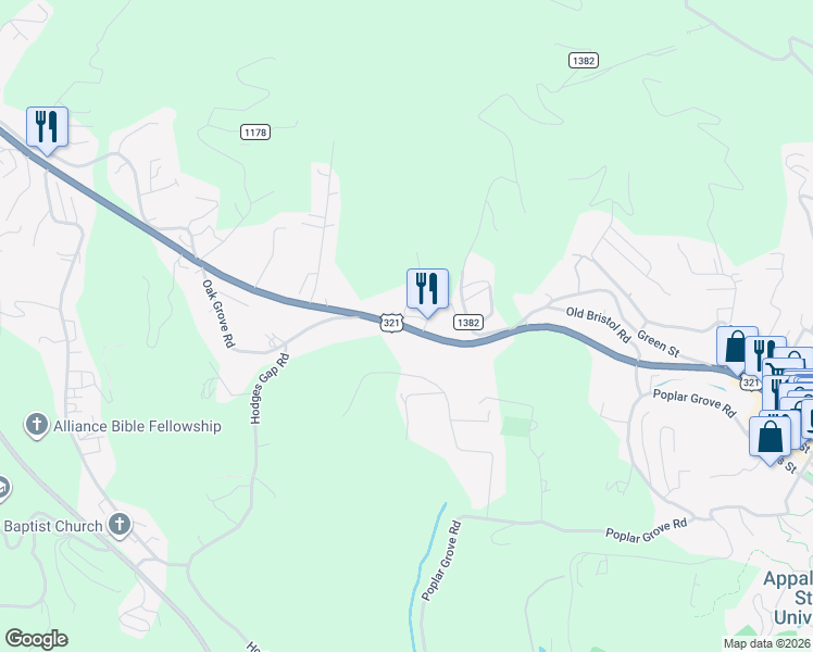 map of restaurants, bars, coffee shops, grocery stores, and more near 100 Eggers Lane in Boone