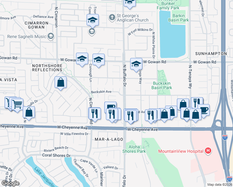 map of restaurants, bars, coffee shops, grocery stores, and more near 7609 Buckskin Avenue in Las Vegas