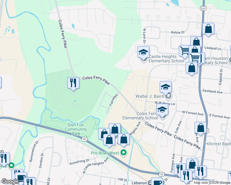 map of restaurants, bars, coffee shops, grocery stores, and more near 1165 Fairways in Lebanon