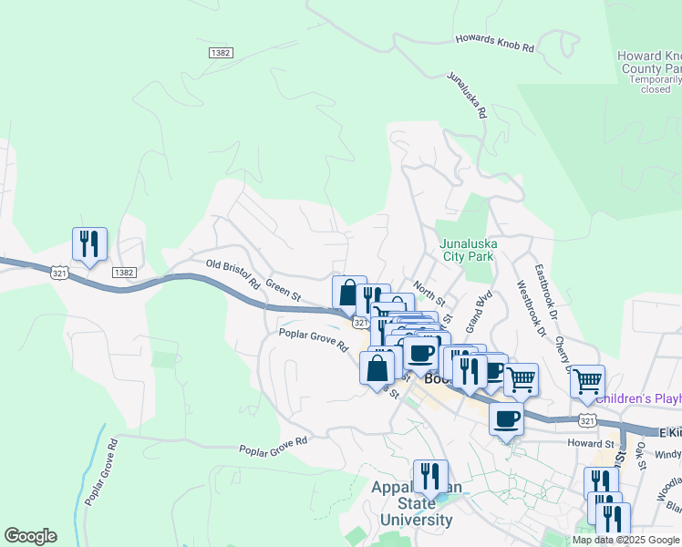 map of restaurants, bars, coffee shops, grocery stores, and more near 127 Park Street in Boone