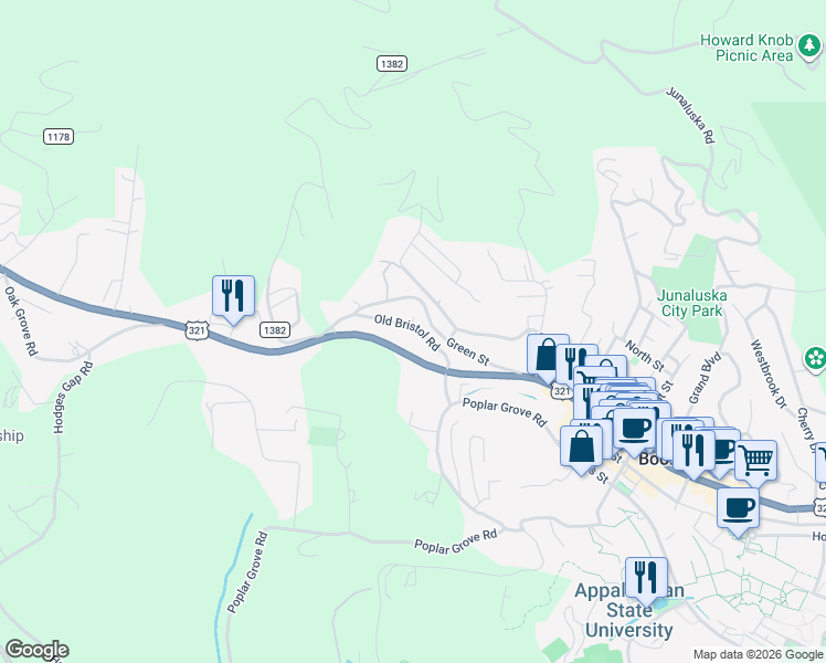 map of restaurants, bars, coffee shops, grocery stores, and more near 1220 West King Street in Boone