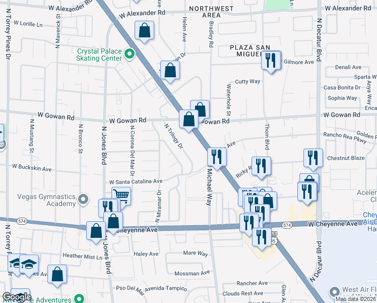 map of restaurants, bars, coffee shops, grocery stores, and more near 3440 North Trilogy Drive in Las Vegas
