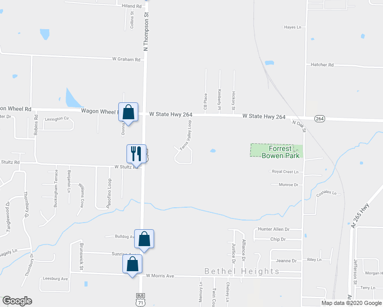 map of restaurants, bars, coffee shops, grocery stores, and more near 4168 Ferns Valley Loop in Springdale