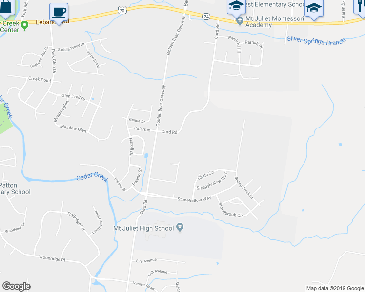map of restaurants, bars, coffee shops, grocery stores, and more near 1007 Windrush Road in Mount Juliet