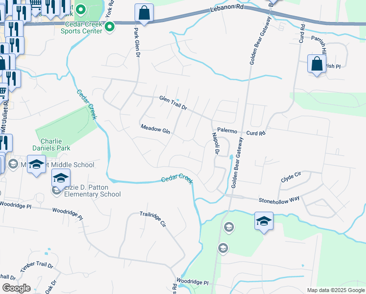 map of restaurants, bars, coffee shops, grocery stores, and more near 2878 Meadow Point in Mt. Juliet