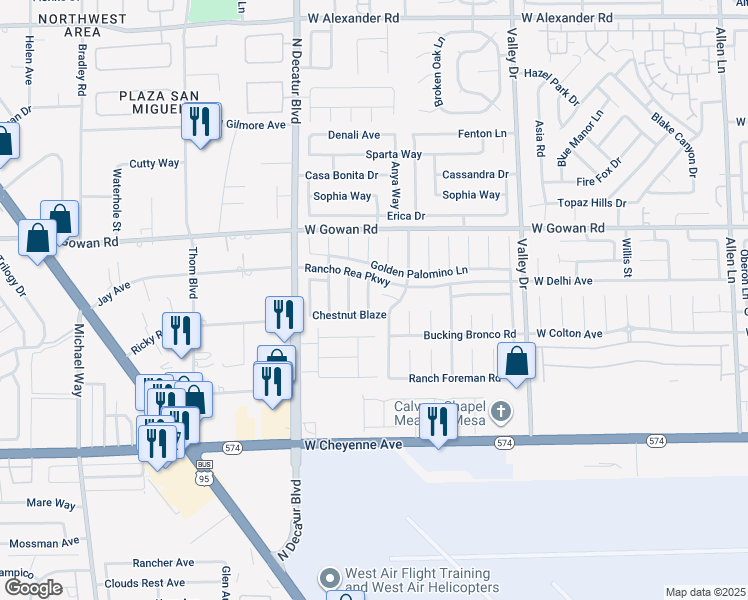 map of restaurants, bars, coffee shops, grocery stores, and more near 3436 Silver Bridle Place in North Las Vegas