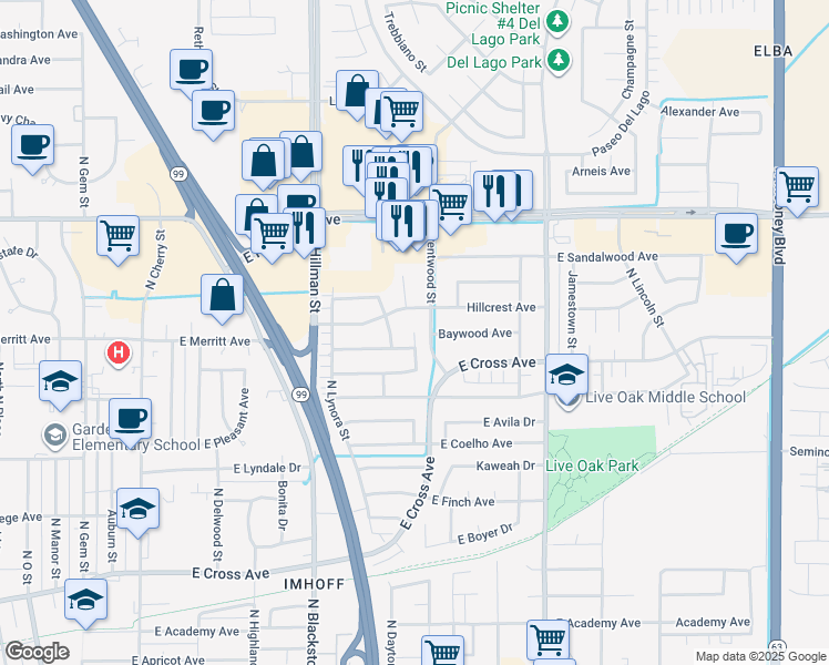 map of restaurants, bars, coffee shops, grocery stores, and more near 1199 North Greenwood Street in Tulare