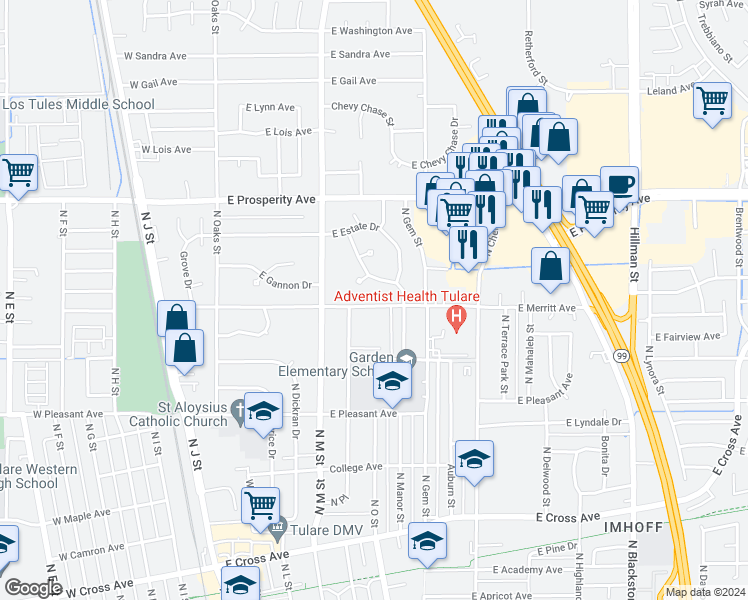 map of restaurants, bars, coffee shops, grocery stores, and more near 470 East Merritt Avenue in Tulare