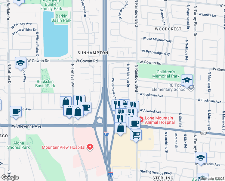 map of restaurants, bars, coffee shops, grocery stores, and more near 3400 North Winterhaven Avenue in Las Vegas