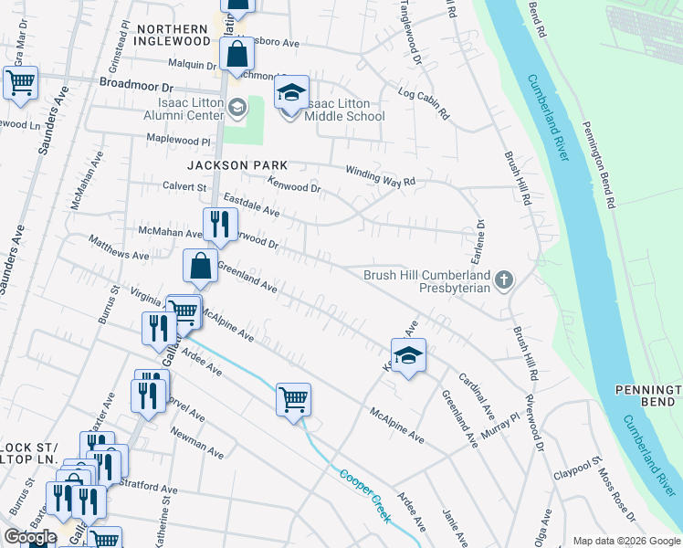 map of restaurants, bars, coffee shops, grocery stores, and more near 1150 Riverwood Drive in Nashville