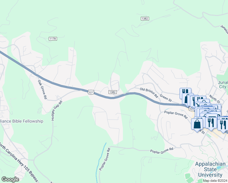 map of restaurants, bars, coffee shops, grocery stores, and more near 111 Bradford Lane in Boone