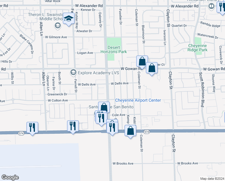 map of restaurants, bars, coffee shops, grocery stores, and more near 3439 Cox Street in North Las Vegas