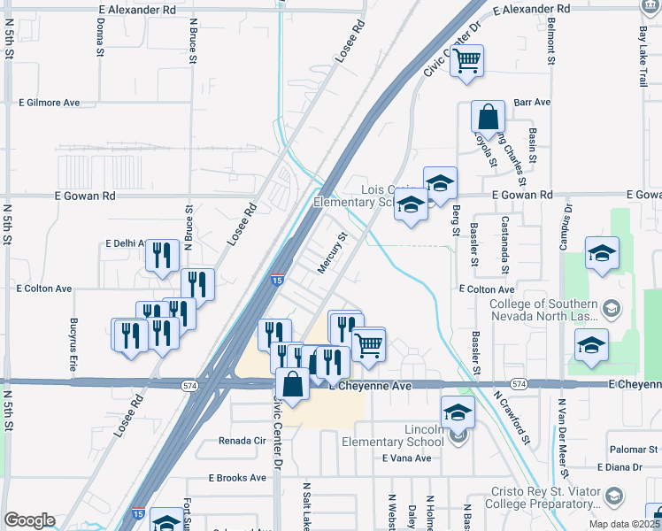 map of restaurants, bars, coffee shops, grocery stores, and more near 2200C Comet Avenue in North Las Vegas