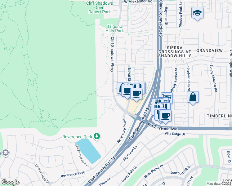 map of restaurants, bars, coffee shops, grocery stores, and more near 3330 Cliff Shadows Parkway in Las Vegas