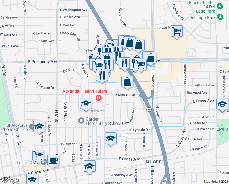 map of restaurants, bars, coffee shops, grocery stores, and more near 981 North Terrace Park Street in Tulare