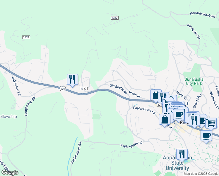 map of restaurants, bars, coffee shops, grocery stores, and more near 1282 West King Street in Boone