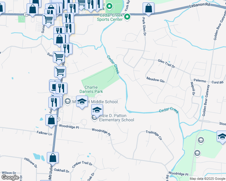 map of restaurants, bars, coffee shops, grocery stores, and more near 201 Willow Creek Drive in Mt. Juliet