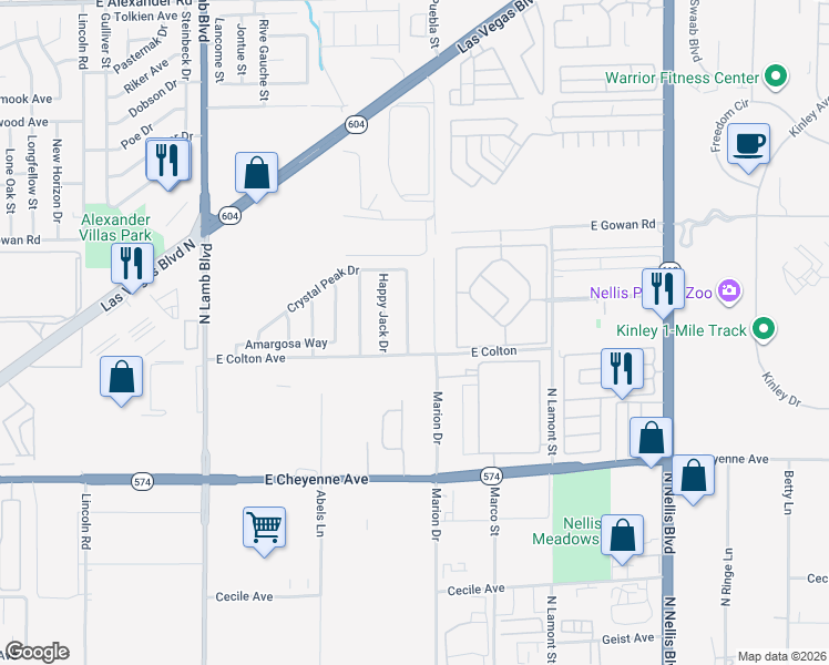 map of restaurants, bars, coffee shops, grocery stores, and more near 3426 Cactus Springs Drive in Las Vegas