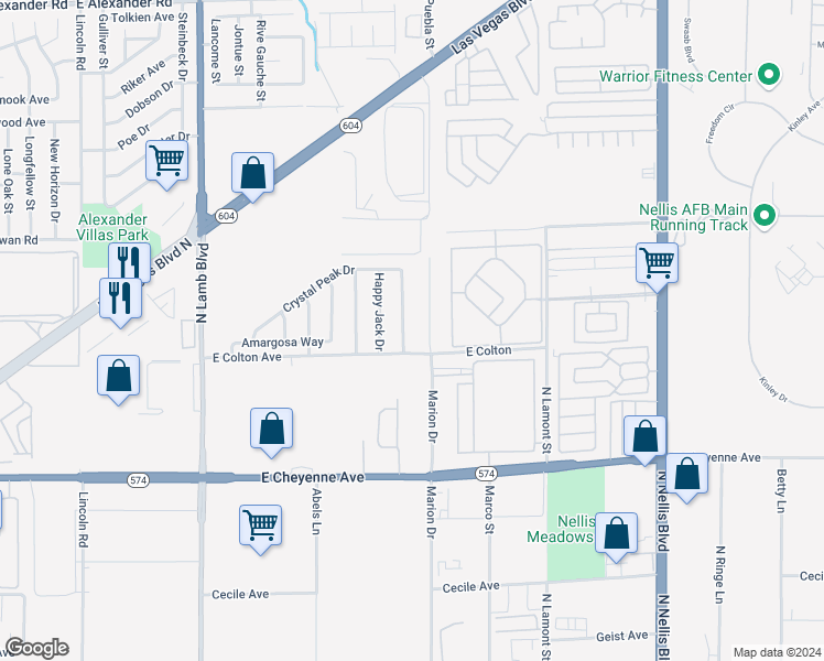 map of restaurants, bars, coffee shops, grocery stores, and more near 3426 Cactus Springs Drive in Las Vegas