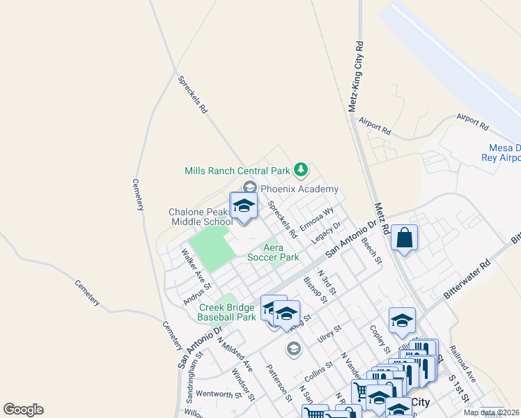 map of restaurants, bars, coffee shops, grocery stores, and more near 668 Meyer Street in King City