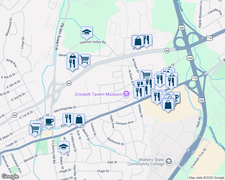 map of restaurants, bars, coffee shops, grocery stores, and more near 1855 Magnolia Ave in Morristown