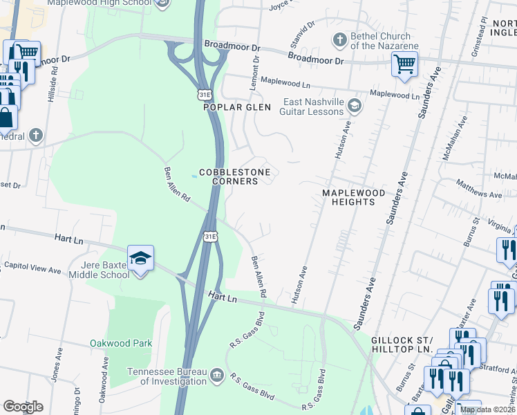 map of restaurants, bars, coffee shops, grocery stores, and more near 3810 Picture Ridge Terrace in Nashville