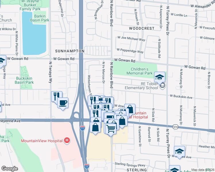 map of restaurants, bars, coffee shops, grocery stores, and more near 6704 West Lost River Court in Las Vegas