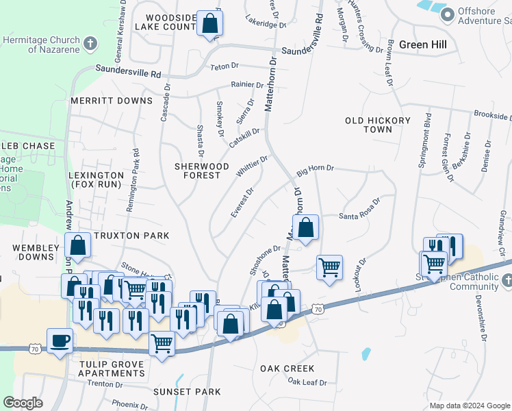 map of restaurants, bars, coffee shops, grocery stores, and more near 4904 Big Horn Drive in Nashville